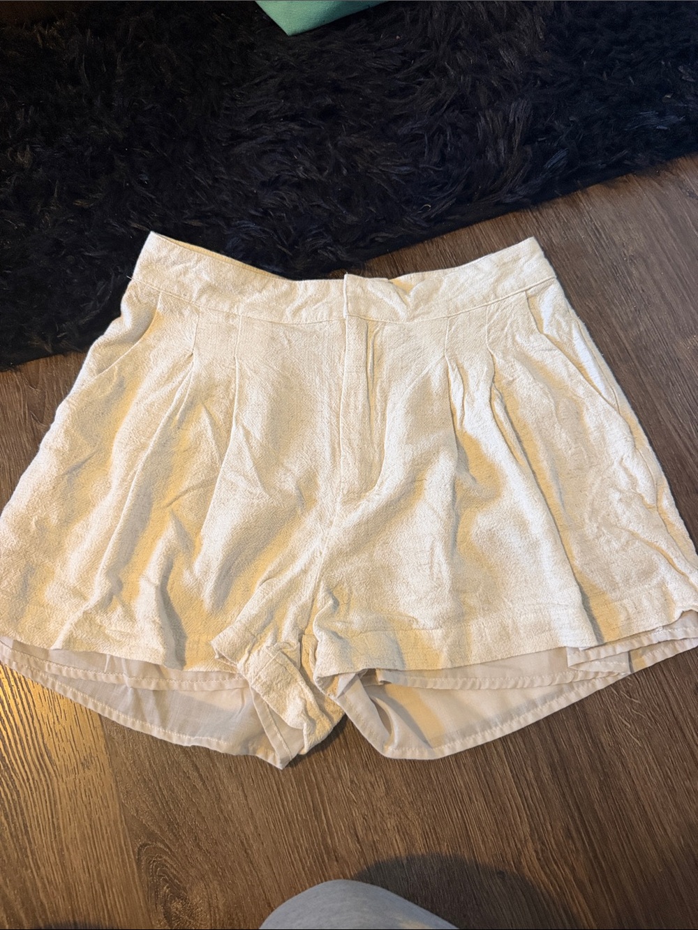 Peppermayo Cream High-Waist Textured Pleat Shorts